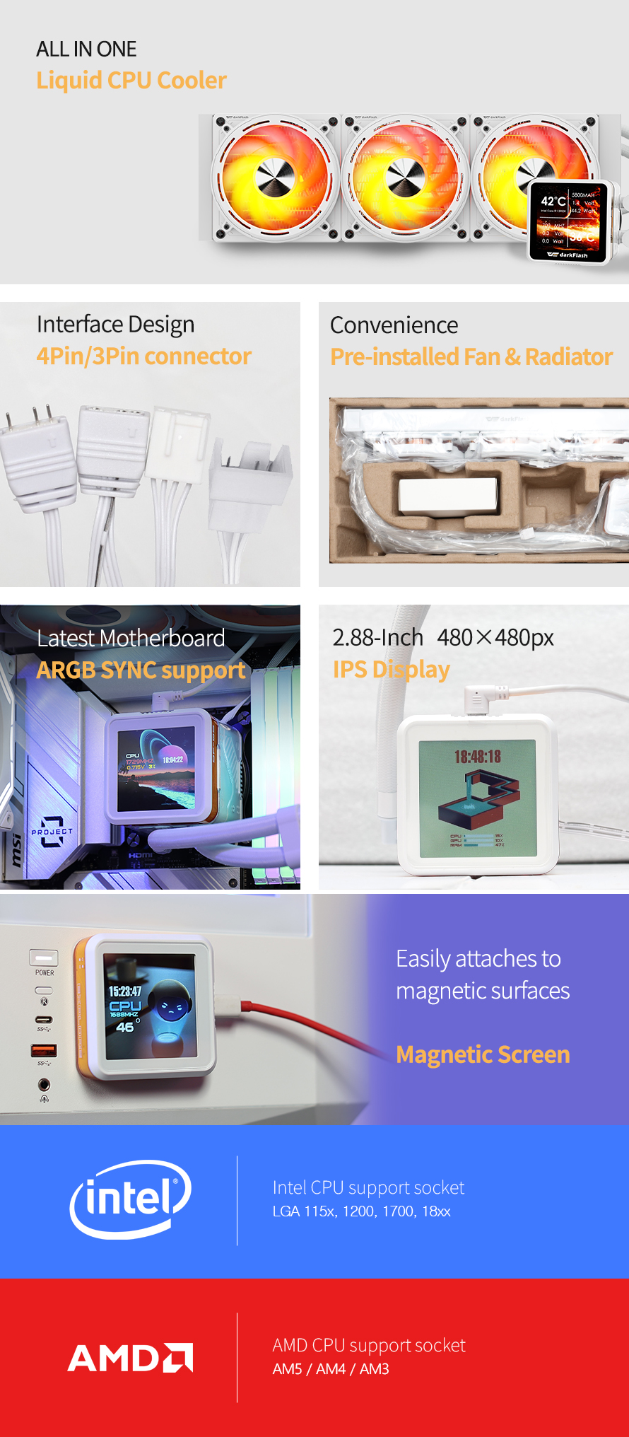 darkFlash DE360 360mm AIO Liquid CPU Cooler 2.88" IPS Display 5V ARGB Lighting Copper Water