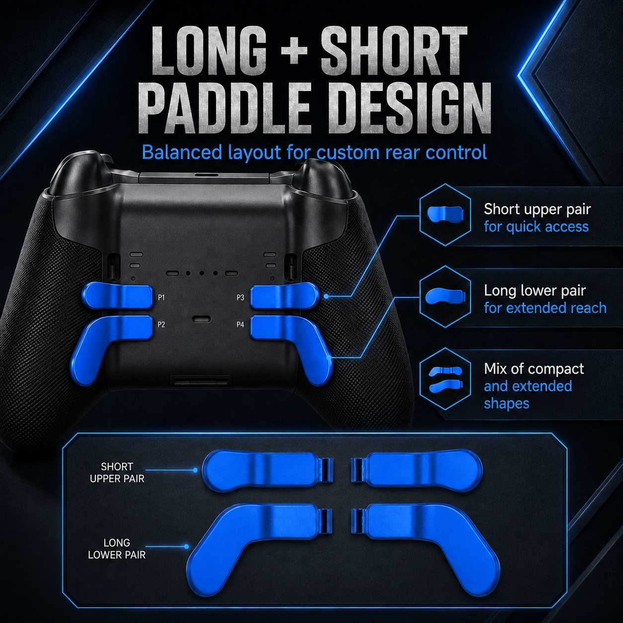 long short controller paddles, blue elite paddles, rear paddle layout