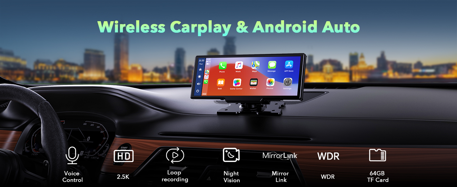 LAMTTO 9 Portable Inch Wireless Carplay Car Stereo with 2.5K Dash Cam,  1080p Backup Camera 64GB SD Card, Wireless Apple Carplay Car Radio Receive  GPS