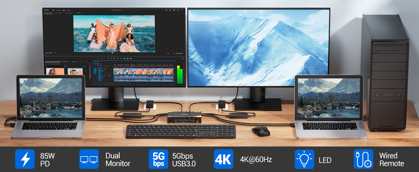 KVM Switch 2 Monitors 3 Computers USB C, USB 3.0 Dual Monitor HDMI KVM Switch for 2 Laptops 1 Deskto