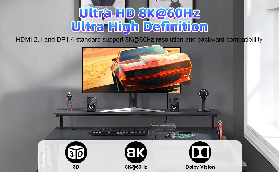 Ultra HD 8K@60Hz 4K@144Hz Triple Monitor KVM Switch