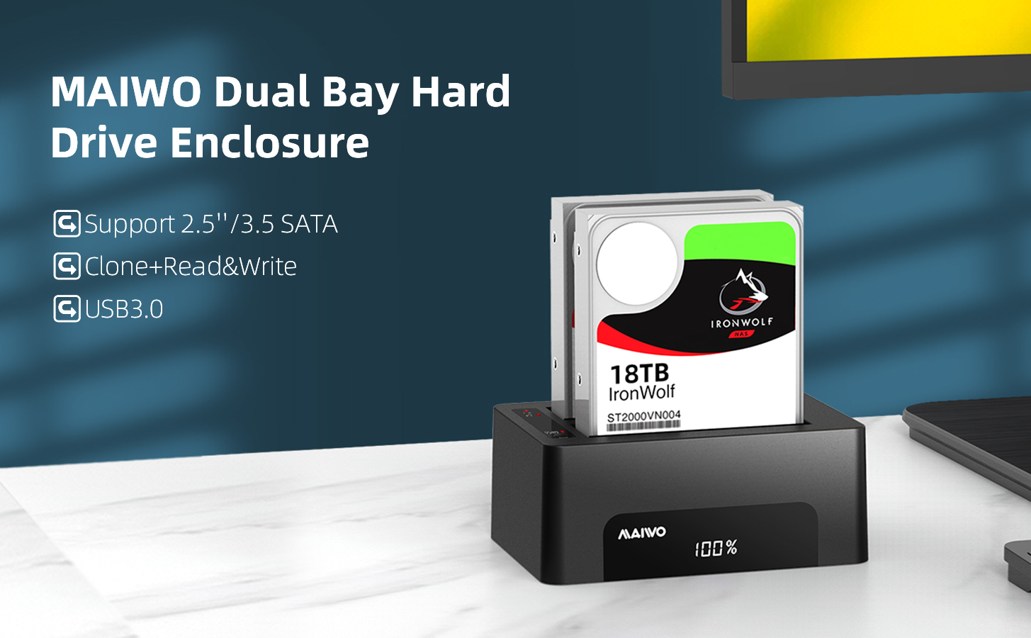 MAIWO USB3.0 SATA Hard Drive Docking Station, Dual Bay External Hard Drive  Enclosure for 2.5/3.5 SATA I/II/III SSD / HDD Hard Drives, with RGB LED  Lights, Up to 32TB Capacity 
