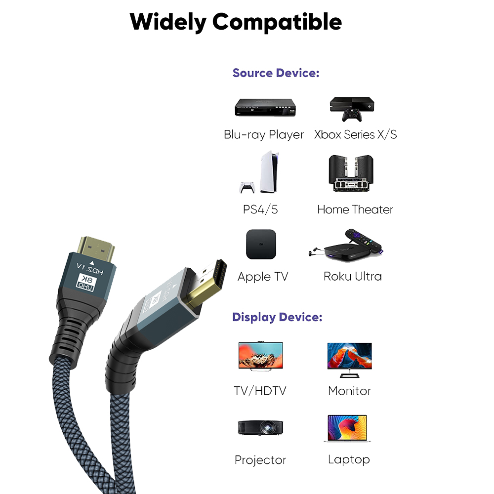 New 8K HDMI-compatible Cable, 48Gbps 8K & 4K Ultra High Speed Cords(8K@60Hz  7680x4320, 4K@120Hz) eARC HDR10 HDCP 2.2 & 2.3 3D, Compatible for  PS5/PS4/X-Box/Roku TV/HDTV/Blu-ray, 3.3ft, 2-Pack 