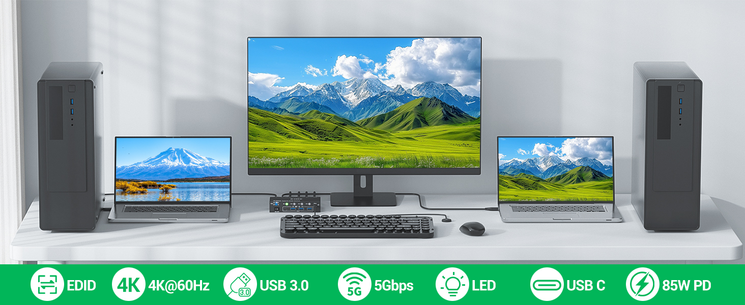 USB 3.0 KVM Switch 1 Monitor 4 Computers 1 USB C + 1 DP + 2 HDMI