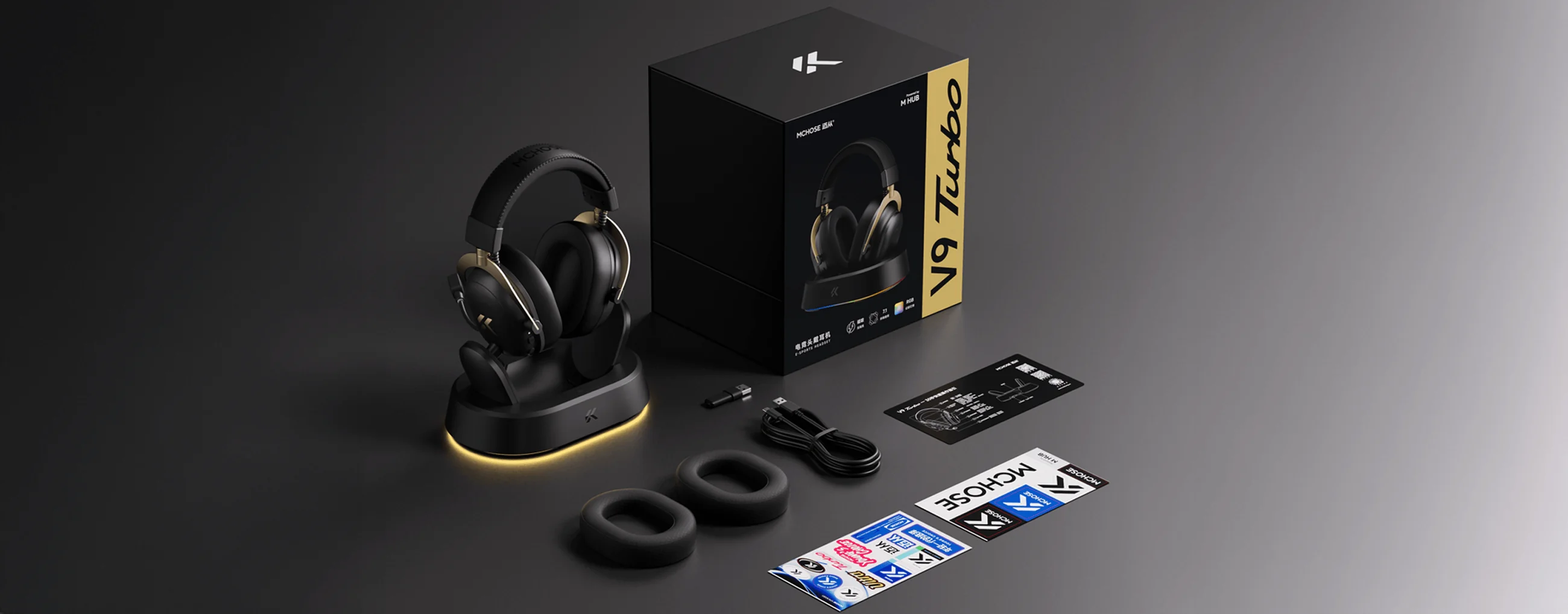 MCHOSE V9 Turbo Wireless Gaming Headset with RGB Magnetic Charging Base Station