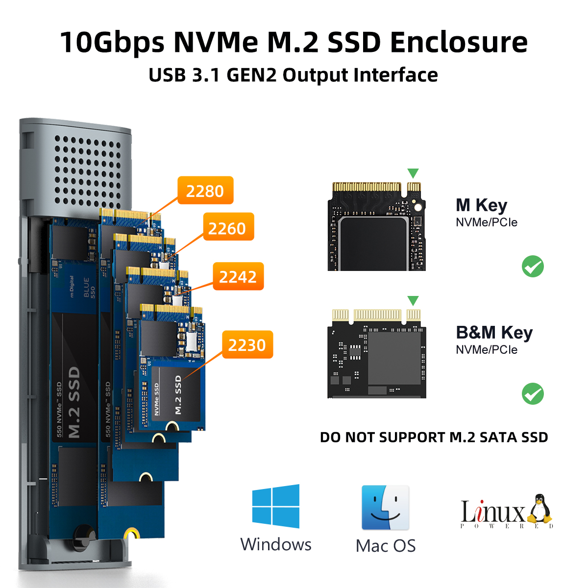 Hard drive enclosure for M.2 NVME SSD Size 2230/2242/2260/2280
