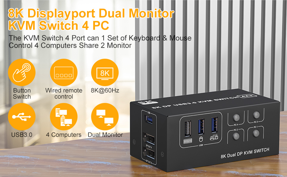 DP KVM Switch 4 Port - 4 IN 2 OUT 8K@60Hz Dual Monitor KVM Switch (DP+DP) 4 computers share 2 monito