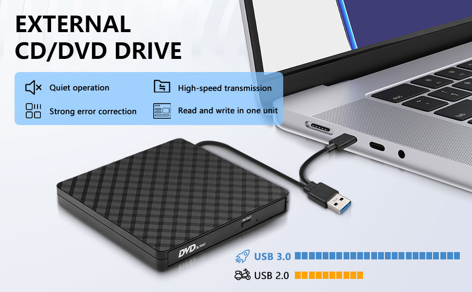 External CD DVD Drive, External CD ROM CD/DVD Burner with USB 3.0 and USB C, Portable CD/DVD +/-RW D