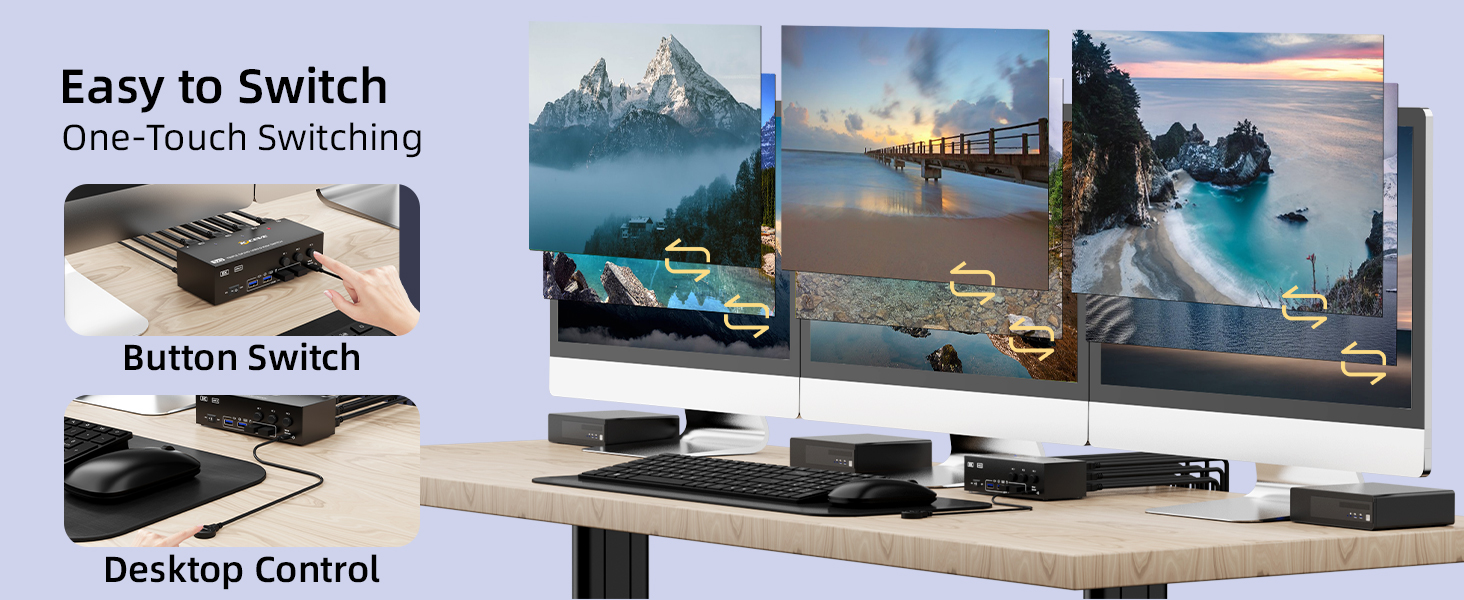 Hitoor KVM Switch 3 Monitors 3 Computers 8K@60Hz 4K@144Hz, Triple Monitor HDMI + 2 DP KVM Switch fo