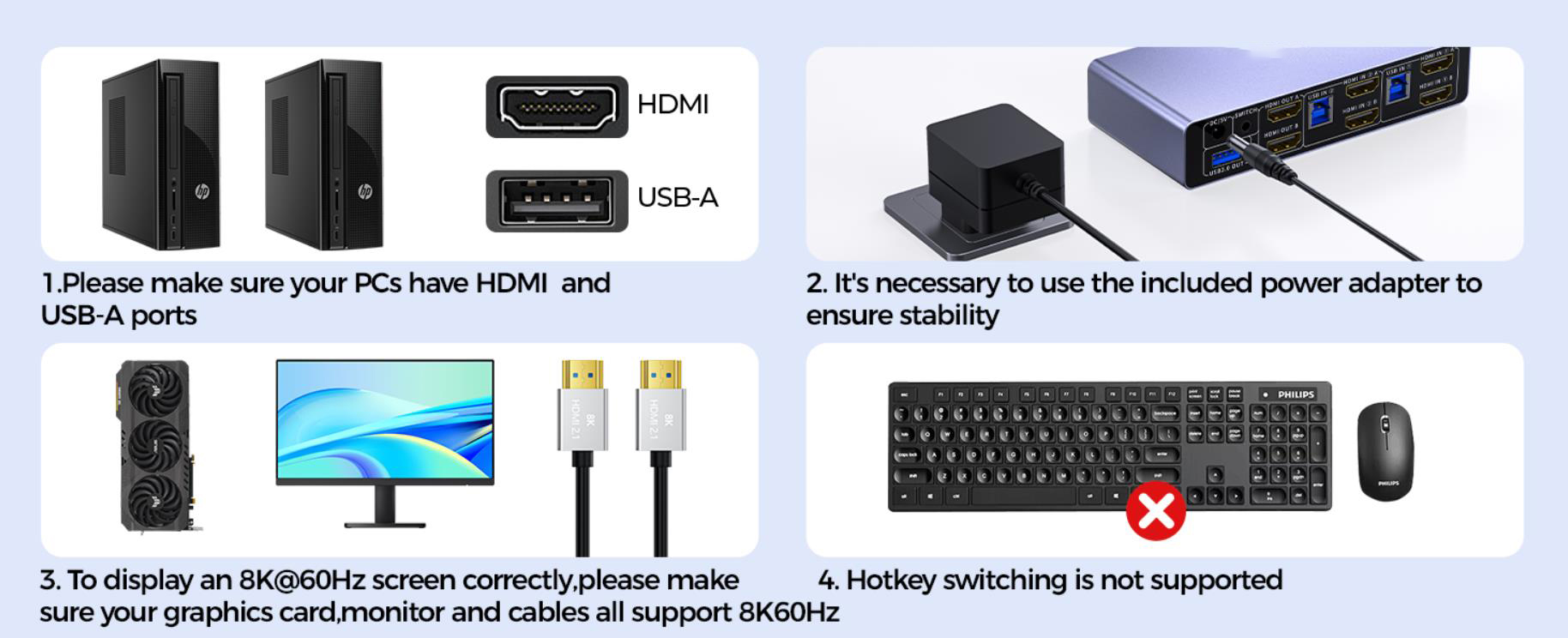 USB 3.0 HDMI KVM Switch 2 Monitors 2 Computers, 8K@60Hz 2 Ports Dual Monitor HDMI KVM Switch