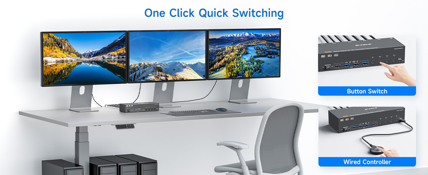 3 monitors KVM switch with 4 USB 3.0 ports for keyboard, mouse, printer and other peripheral USB d