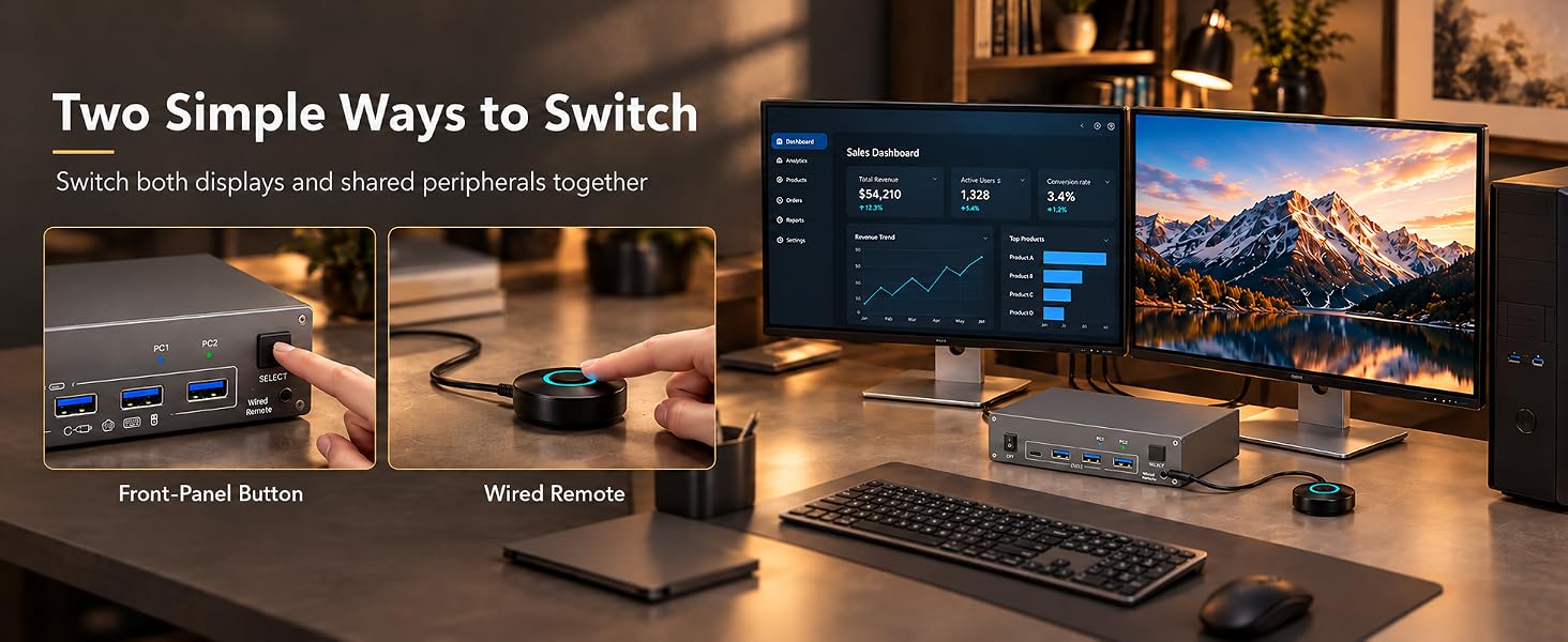4K@60Hz KVM Switch 2 Monitors 1 Laptop 1 Desktop, USB C Docking Station KVM Switch for 1 Desktop 1 L