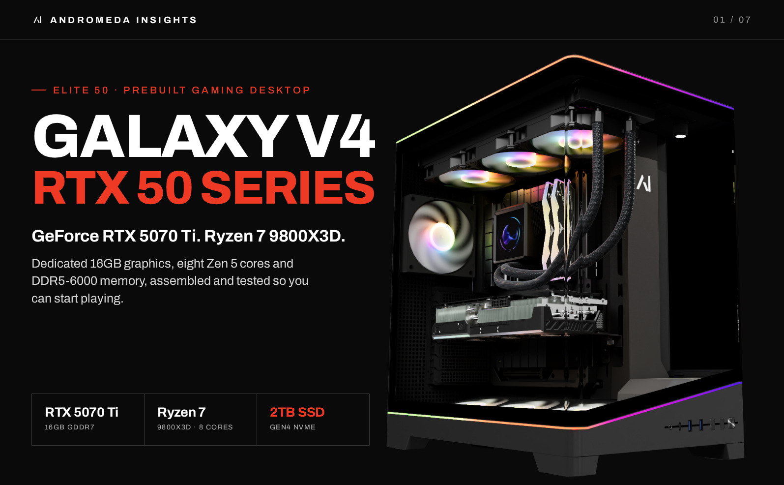 Galaxy V4 gaming desktop with GeForce RTX 5070 Ti and Ryzen 7 9800X3D