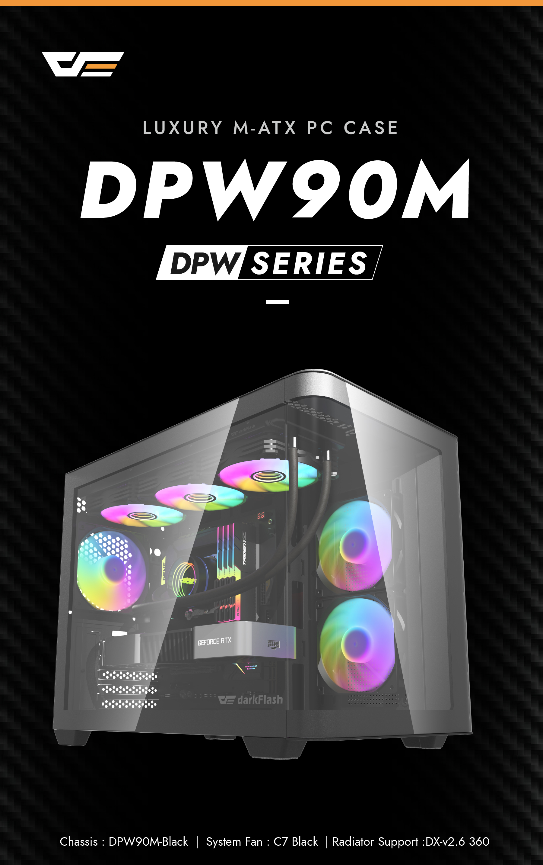 darkFlash DPW90M,Micro-ATX PC Gaming Case,3×Pre-Installed ARGB PWM Fans