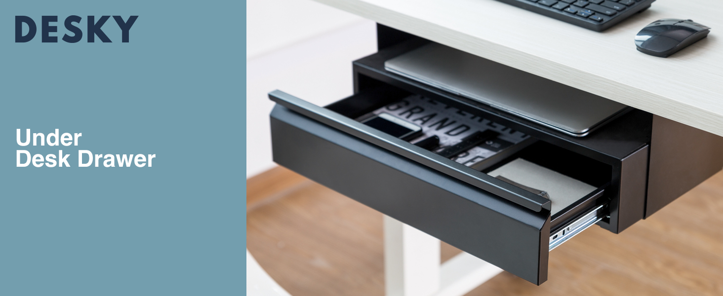 under-desk slide-out drawer, hidden desk storage, steel stationery organizer