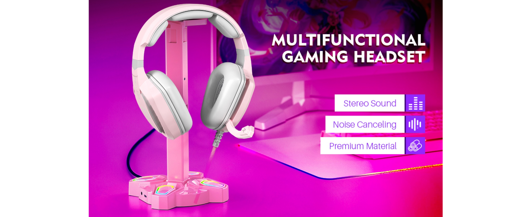 pink gaming headset,stereo sound,noise cancelling mic,over ear headphone,gaming setup