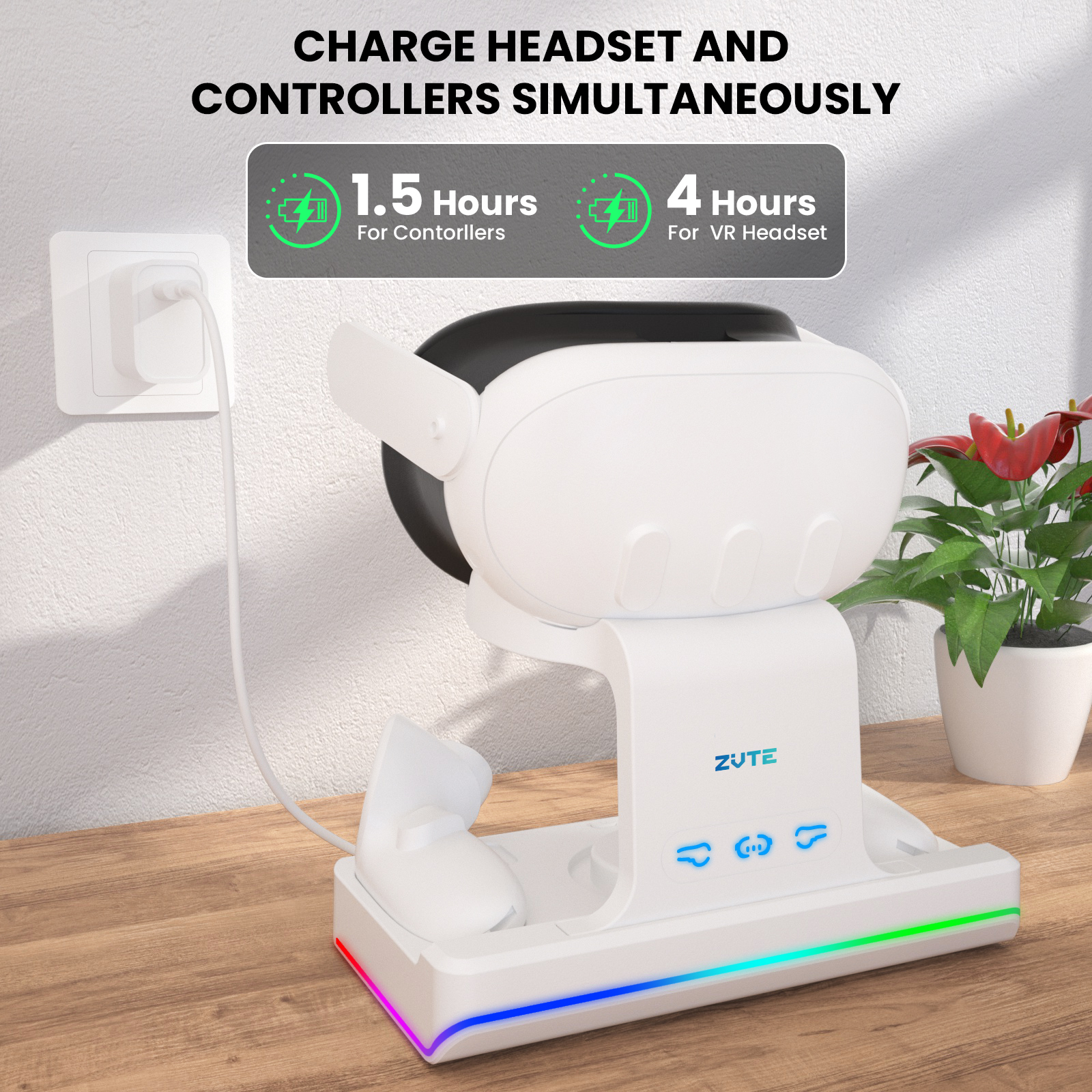 the charging dock can charge the controller full 1.5hours, the headset full 4hours