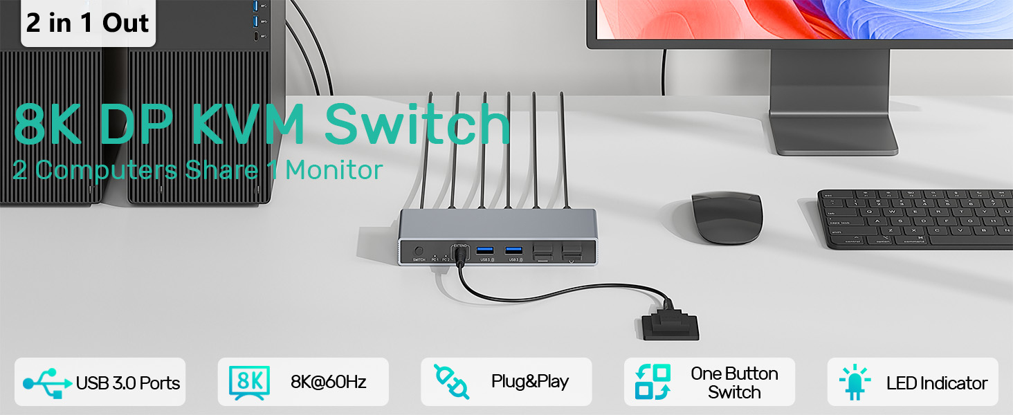Displayport KVM Switch 2 Computers 1 Monitor, 8K@60Hz 4K@144Hz USB 3.0 DP KVM Switches for 2 Compute