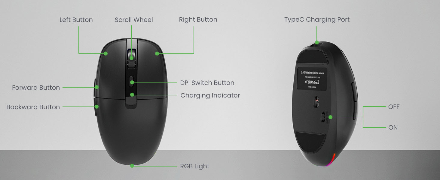 Type C Rechargeable Wireless Mouse, 2.4G USB C RGB Lighting Computer Mice Silent Click, Ergonomic De