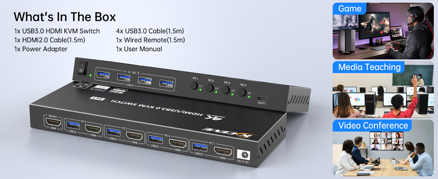 Each PC needs 1*HDMI+1*USB cable to connect to 4 port HDMI KVM switch,ensure USB devices work.