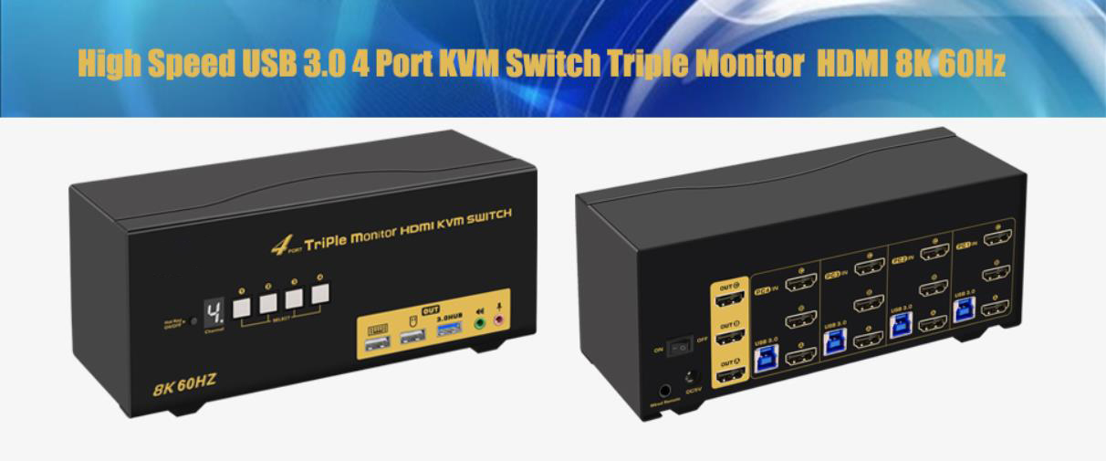 USB 3.0 Triple Display KVM Switch, 4 Ports HDMI 2.1 8K@60Hz 4K@120Hz KVM Switches for 3 Monitors 4 C