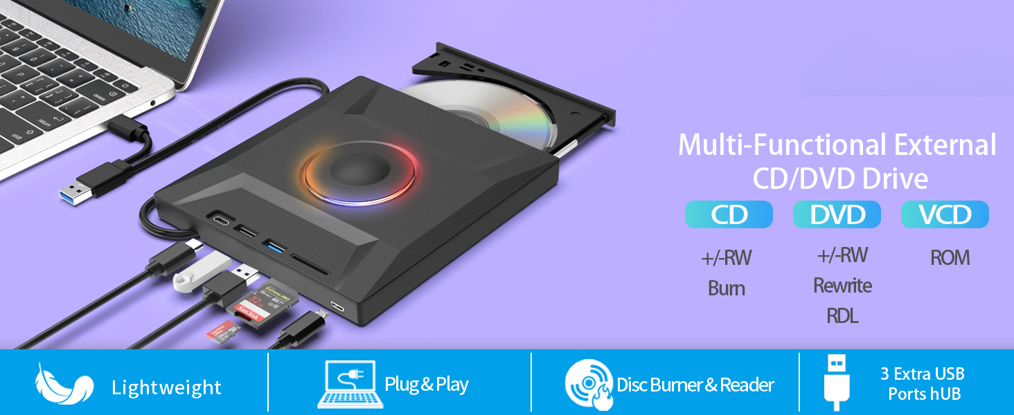 USB 3.0 and Type-C External CD DVD Drive, 7 in 1 External DVD CD Burner Player Writer