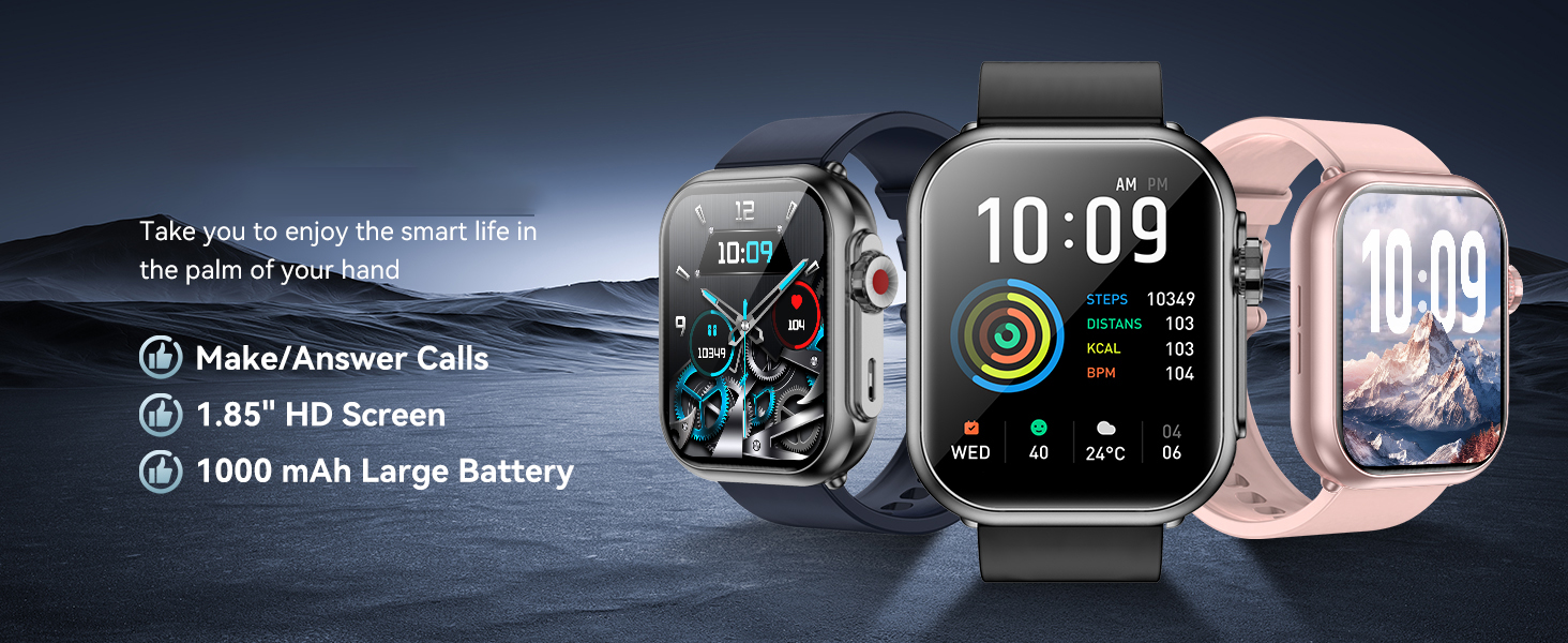 Smart Watch for Men Women, 1000mAh Battery 100-Day Standby Time, 1.85" HD Screen Fitness Tracker