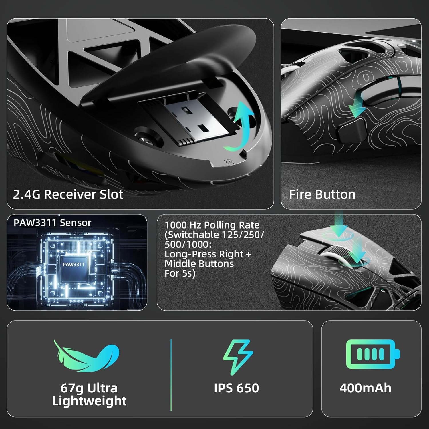 Wireless Gaming Mouse, Tri-Mode 2.4GHz/USB-C/BT5.3 Computer Mouse with 12000 DPI