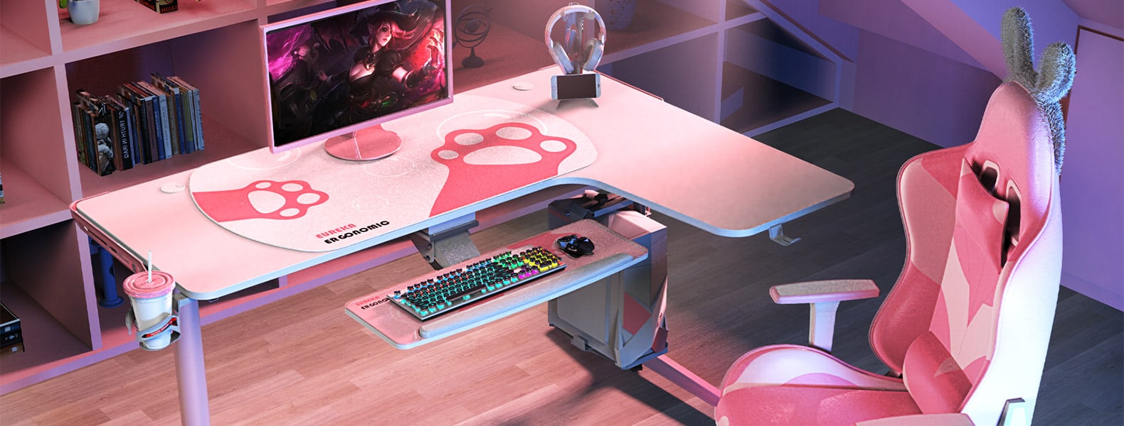 Eureka Ergonomic® L60 Pink L Shaped Gaming Desk Full Setup