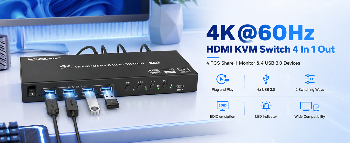 4 Port HDMI KVM Switch 4 Computers 1 Monitor 4K@60Hz, EDID Simulation USB 3.0 KVM Switch with Wired