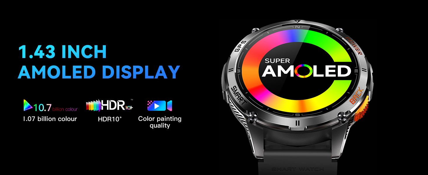 Hitoor GPS Smart Watch for Men, 1.43''AMOLED Smartwatch with Answer/Make Call, 170 Sports Modes, Com