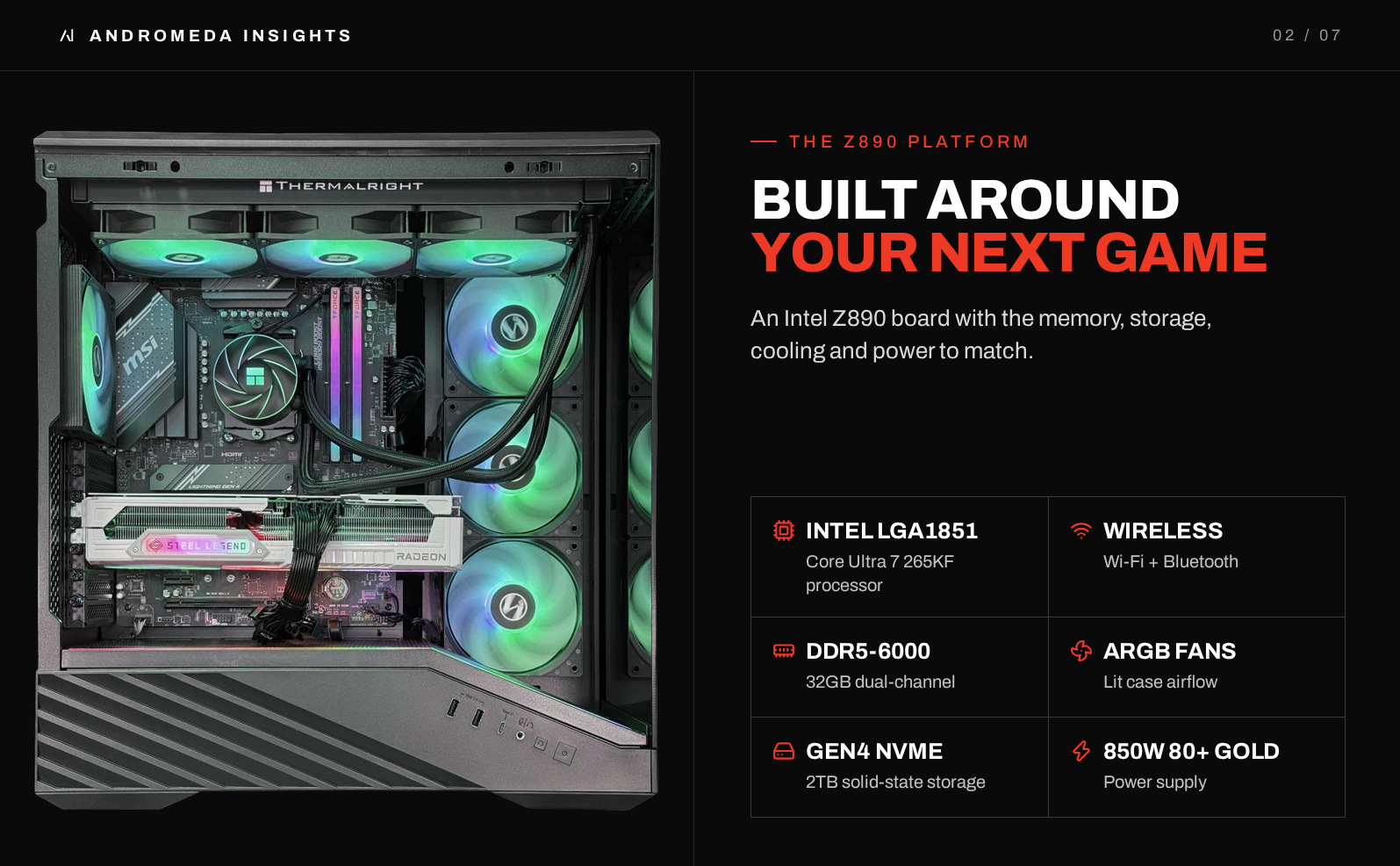 Z890 platform with DDR5 memory, NVMe storage, wireless and 850W Gold power