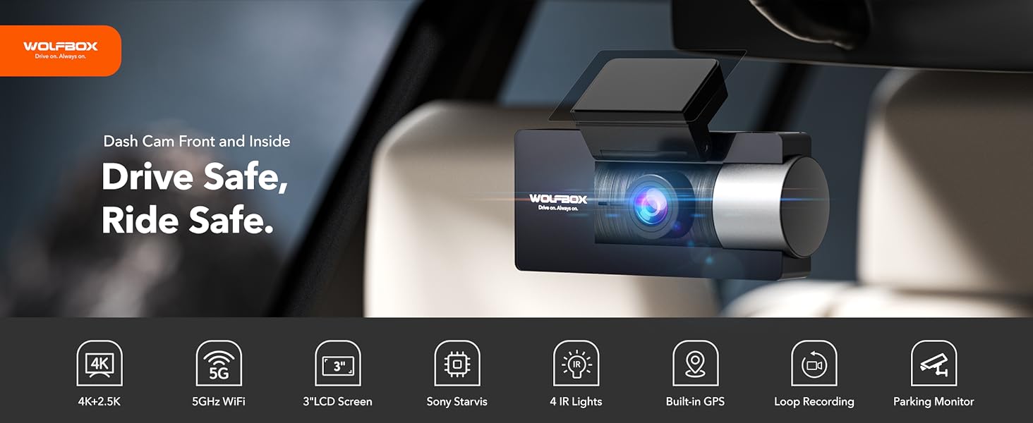 WOLFBOX i17 Dash Cam Front Inside, 4K+2.5K 5G WiFi Dual Dash