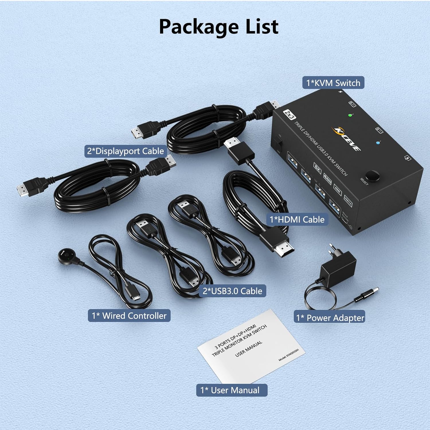 1x Triple Monitor KVM Switch, 2x DP1.4 Cable, 1x HDMI2.1 Cable, 2x USB 3.0 Cable, 1x 12V1A Power Ada