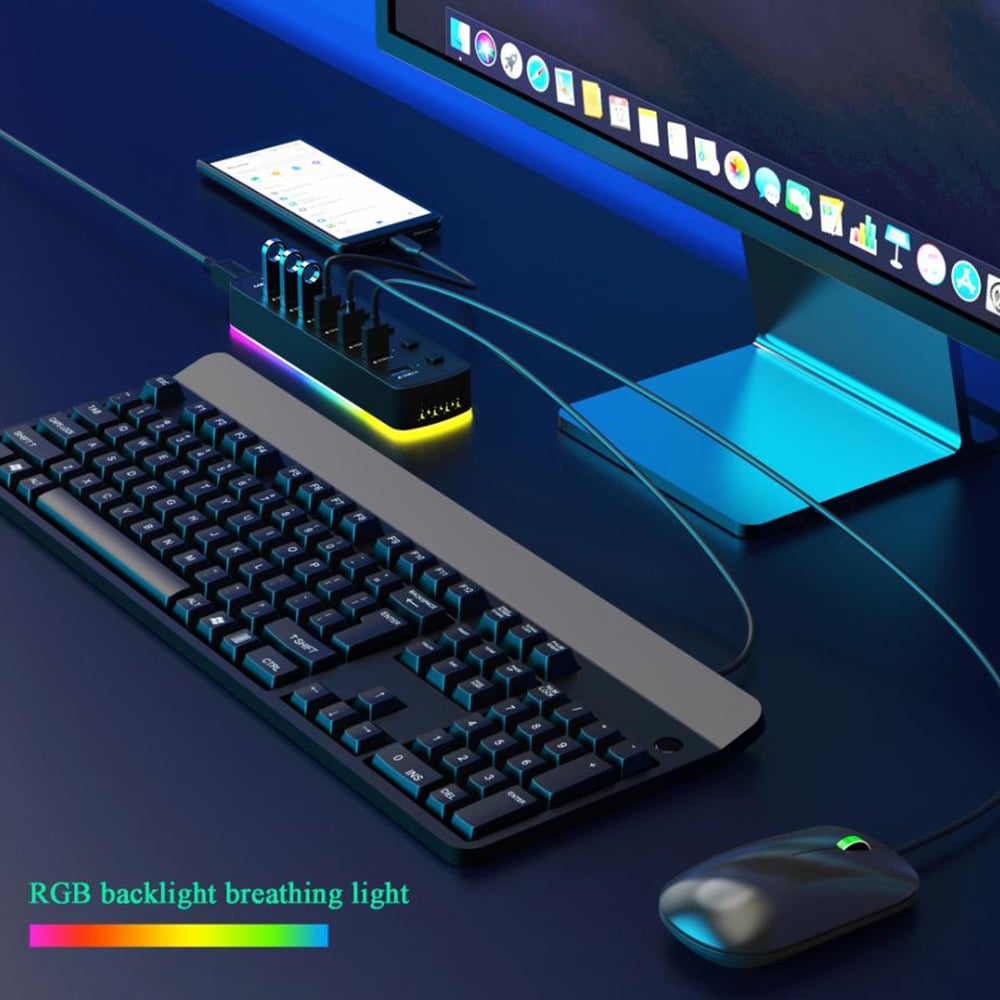 Hitoor USB 3.0 Hub, RGB 7 Ports USB 3.0 Hub with 14 Mode RGB LED Strip, 5Gbps High Speed USB Splitte