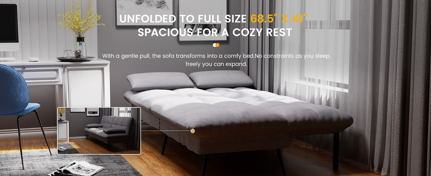 COMHOMA Convertible Futon Sofa Bed, 68Fabric Futon Couch with Adjustable Backrest, Folding Futon Sle