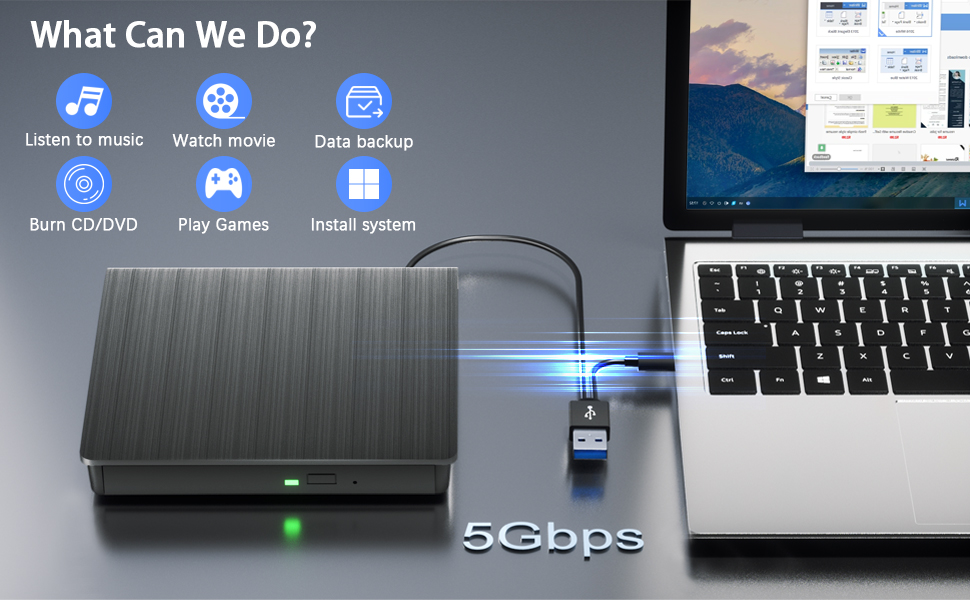 AUTYUE External CD/DVD Drive for Laptop PC, Portable CD DVD Player USB 3.0 & Type C Portable Optical