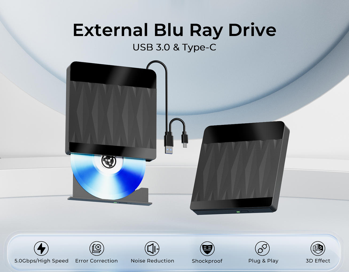 External Blu Ray Drive, External Bluray Burner Support 3D Playback Discs | USB 3.0 Type-C BD/DVD/CD