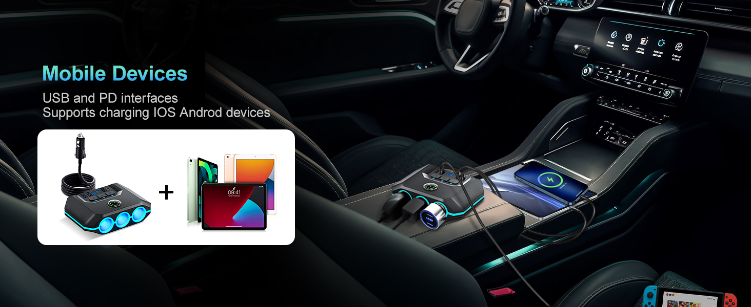 Car Auto Cigarette Lighter Splitter, 120W Car Charger Adapter with USB & PD, 7 in 1 Multi Port Power