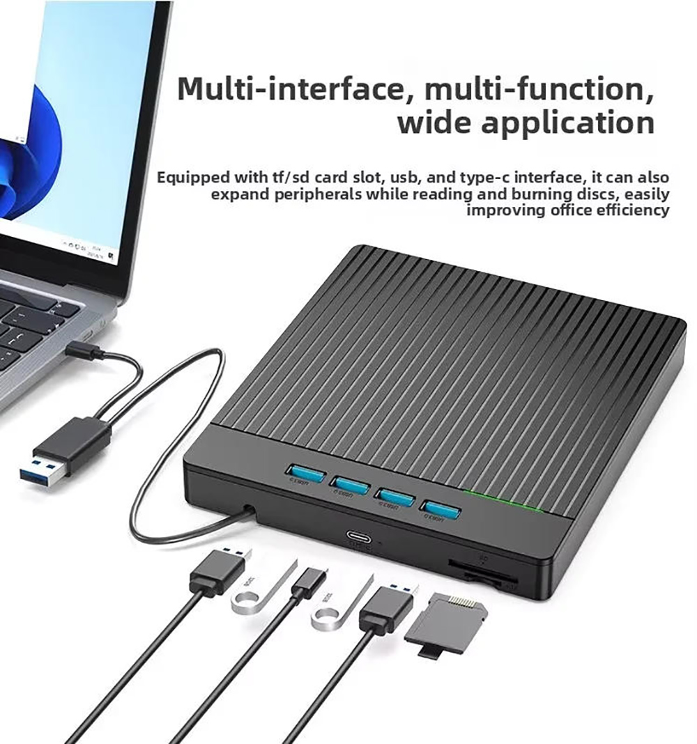 7 in1 External CD DVD Burner Recorder with 4 USB A Hub & SD/TF Card Reader, External CD/DVD Drive US