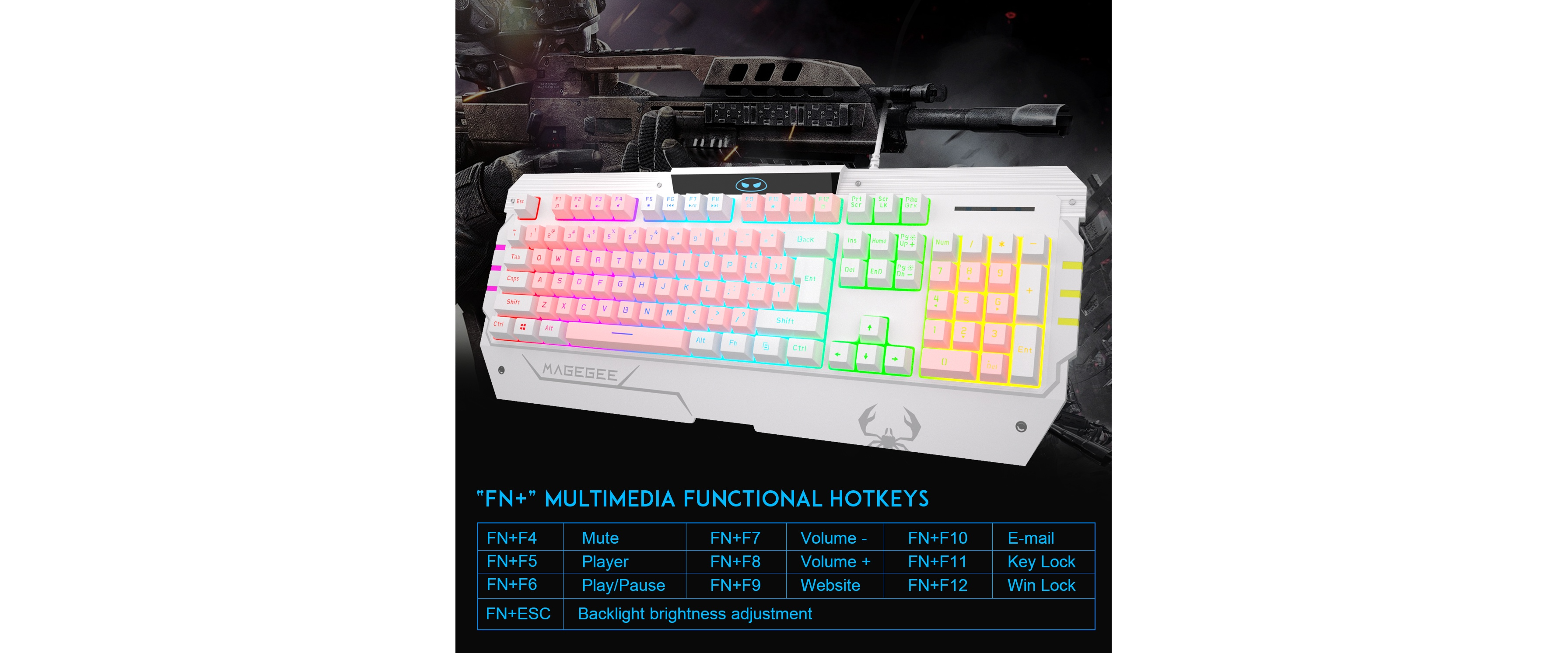 EACH wired gaming keyboard, FN multimedia hotkeys, rainbow RGB lighting, game theme background