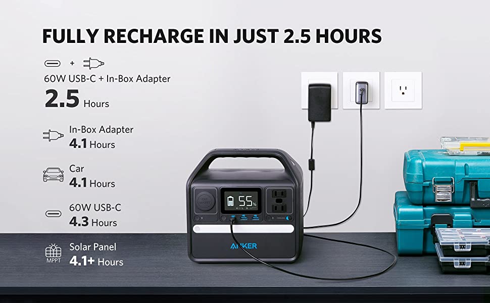 Anker 521 Portable Power Station (PowerHouse 256Wh), 6-Port PowerHouse 200W/ 256Wh with Solar Generator, 2 AC Outlets, 60W USB-C Power Delivery Output,  LED Light for Outdoor RV, Emergencies and More 