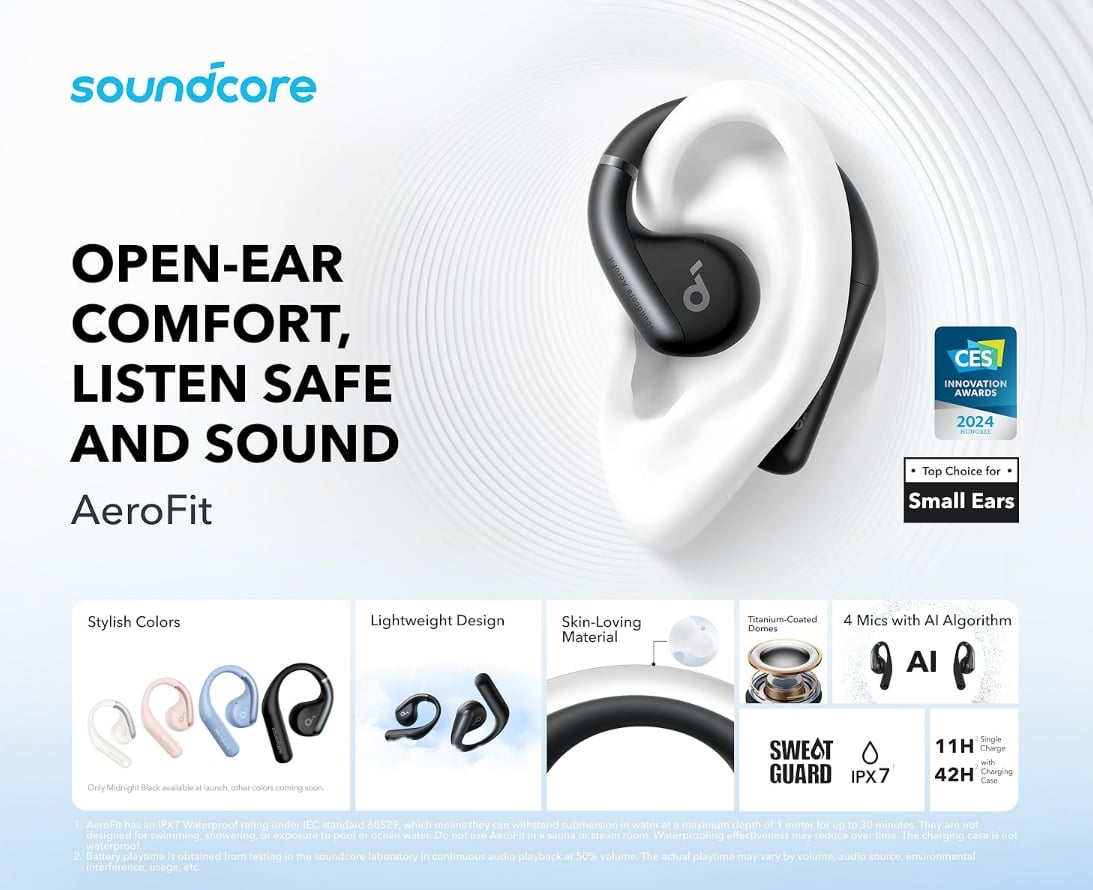 Soundcore by Anker AeroFit Open-Ear Headphones, with Life Q30  Noise Cancelling Headphones, Ultra-Comfort, Snug Fit, Ergonomic Ear Hook,  Balanced Sound, IPX7 Waterproof, 42H Playtime, Clear Calls : Electronics