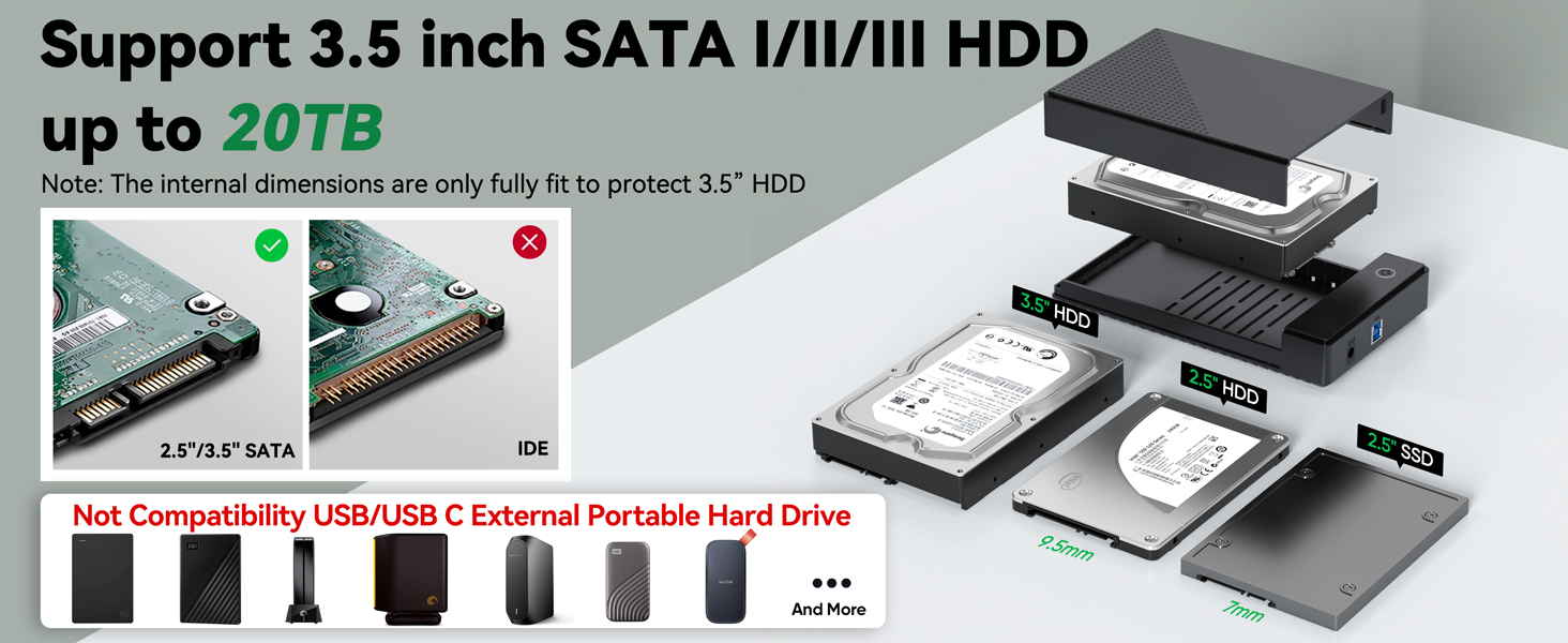3.5 Hard Drive Enclosure, USB 3.0 Internal/External Hard Drive Case Lay-Flat Dock Station for 3.5/2.