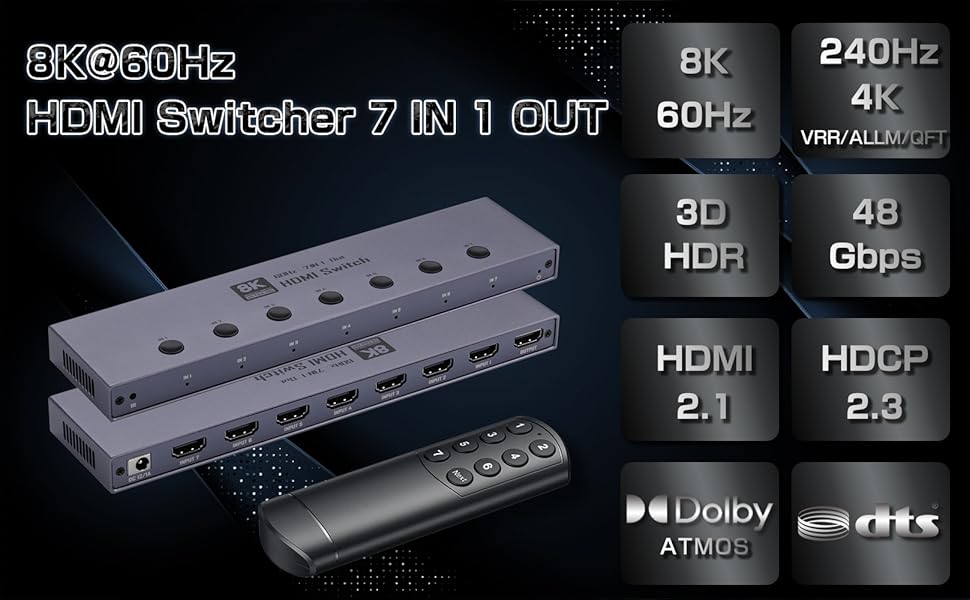 7 Ports HDMI 2.1 Switch, HDMI Switcher 7 In 1 Out Supports CEC 8K@60Hz, 4K@240Hz, 1080P@480Hz HDCP 2