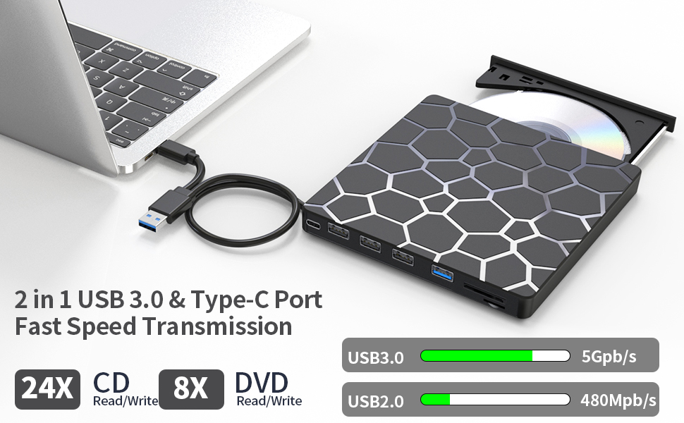 External CD DVD Drive for Laptop, 8 in 1 USB 3.0 Type-C Disc Reader Writer Burner Player