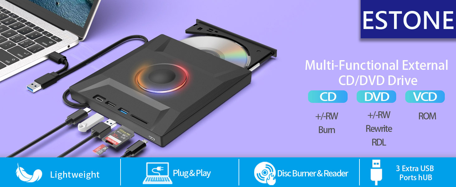 ESTONE 7 in 1 External CD/DVD Drive for Laptop