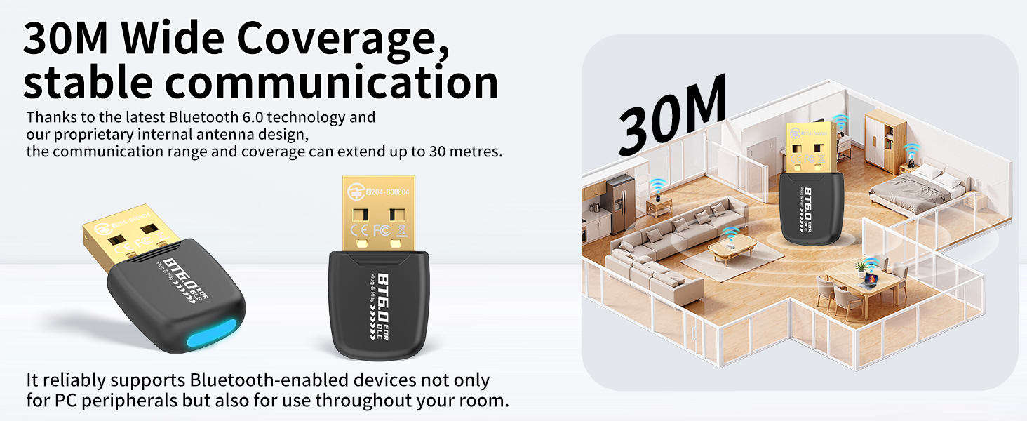 Bluetooth Adapter USB Bluetooth 6.0 Adapter EDR & BLE for PC Compact Design Plug & Play Compatible w
