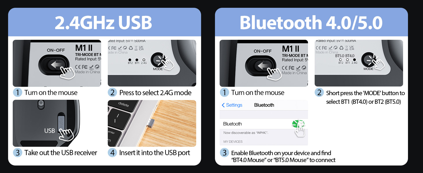 [Upgraded] Wireless Mouse Bluetooth, 80g Tri-Mode (Bluetooth 5.0/4.0+ USB 2.4G RF) Computer Wireless