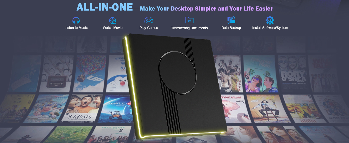 RGB External CD/DVD Drive for Laptop, USB 3.0 Type-C External CD DVD Drive, Portable DVD Player, CD